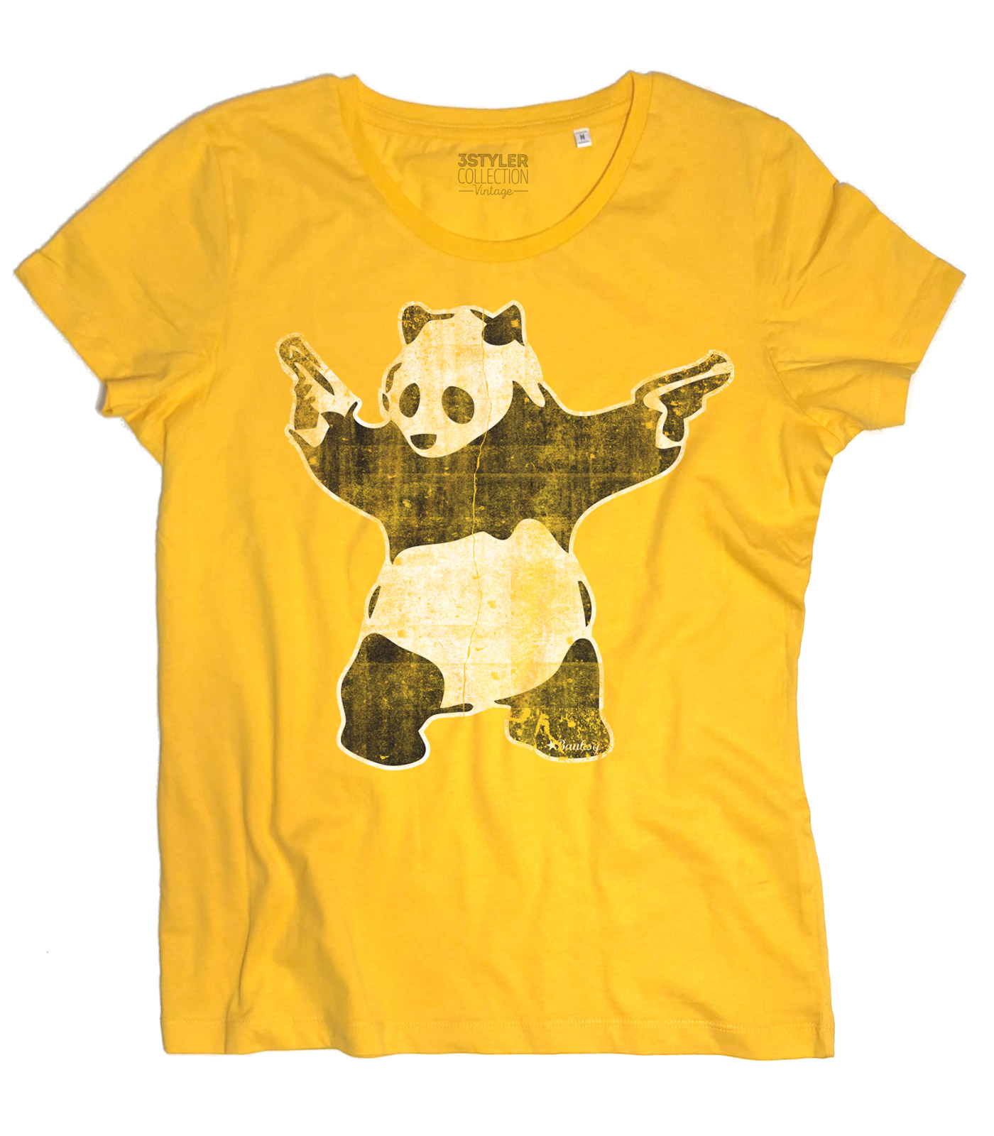 t-shirt_donna_banksy_panda_pistole_gun_YE panda pistole t-shirt donna raffigurante l'opera panda with guns di banksy