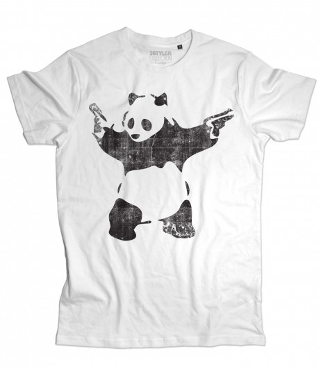 panda pistole t-shirt uomo raffigurante l'opera panda with guns di banksy