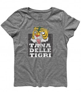 uomo tigre t-shirt donna raffigurante la maschera dell'uomo tigre e la scritta "tana delle tigri"