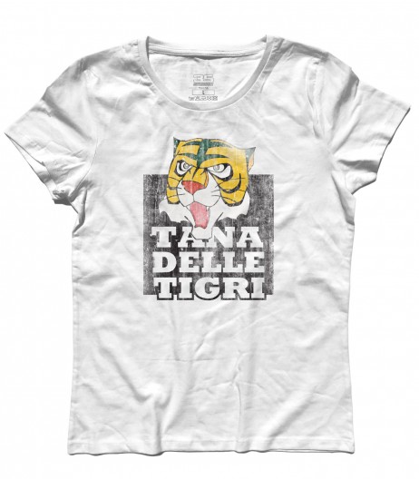 uomo tigre t-shirt donna raffigurante la maschera dell'uomo tigre e la scritta "tana delle tigri"