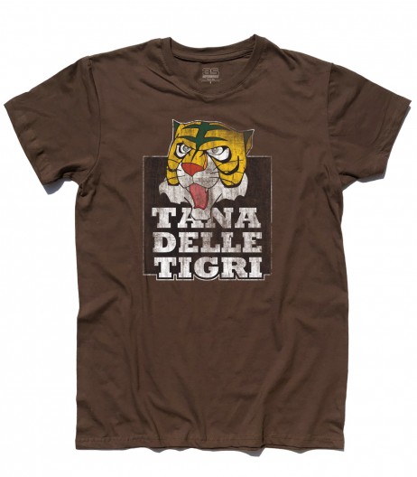 uomo tigre t-shirt uomo raffigurante la maschera dell'uomo tigre e la scritta "tana delle tigri"