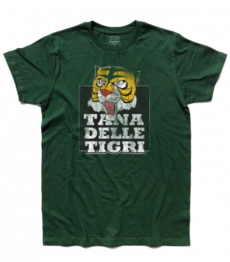 uomo tigre t-shirt uomo raffigurante la maschera dell'uomo tigre e la scritta "tana delle tigri"