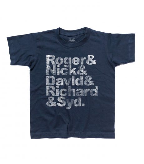 Pink Floyd t-shirt bambino coi nomi antichizzati dei componenti: Roger, Nick, David, Richard e Syd