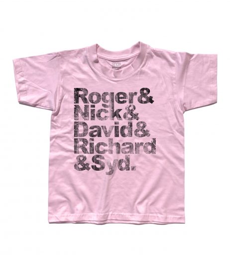 Pink Floyd t-shirt bambino coi nomi antichizzati dei componenti: Roger, Nick, David, Richard e Syd