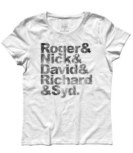 Pink Floyd t-shirt donna coi nomi antichizzati dei componenti: Roger, Nick, David, Richard e Syd