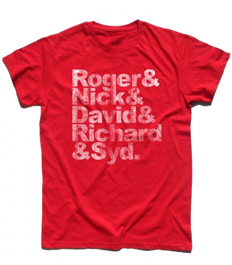 Pink Floyd t-shirt uomo coi nomi antichizzati dei componenti: Roger, Nick, David, Richard e Syd