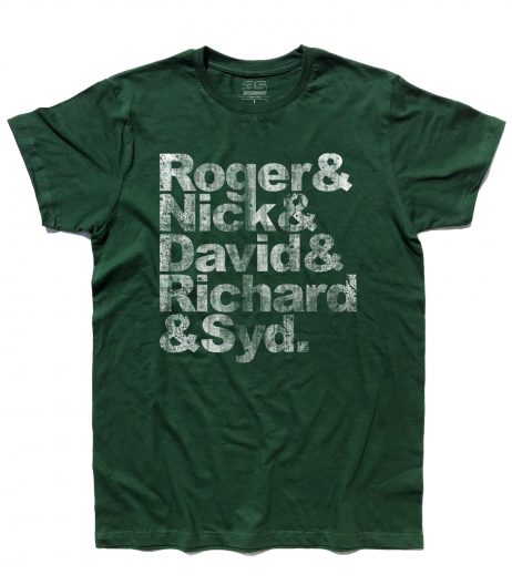 Pink Floyd t-shirt uomo coi nomi antichizzati dei componenti: Roger, Nick, David, Richard e Syd
