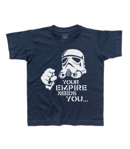 star wars t-shirt bambino raffigurante uno stormtrooper stilizzato e scritta your empire needs you