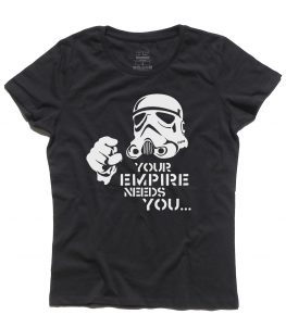 star wars t-shirt donna raffigurante uno stormtrooper stilizzato e scritta your empire needs you
