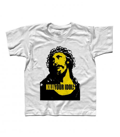 T-shirt bambino con stampata l'immagine Gesù e scritta kill your idols