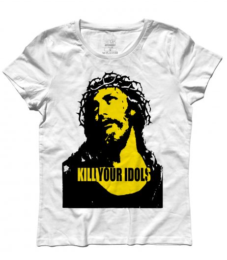 T-shirt donna con stampata l'immagine Gesù e scritta kill your idols
