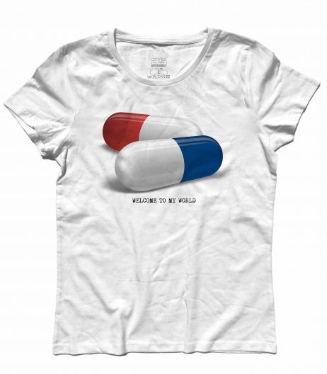 matrix t-shirt donna raffigurante una pillola rossa e una pillola blu