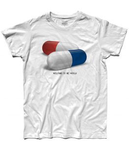 matrix t-shirt uomo raffigurante una pillola rossa e una pillola blu